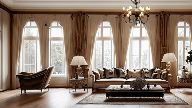 Salon moderne et luxueux avec un canapé au design élégant et une table basse avec un lustre