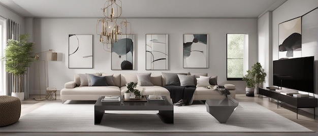 Un salon moderne et luxueux avec canapé et télévision