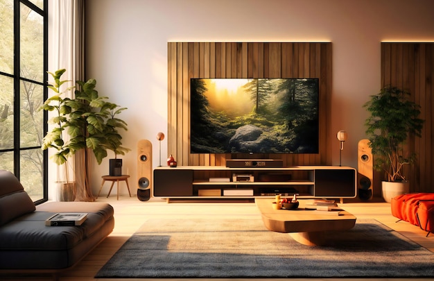 Salon moderne avec meuble tv en bois