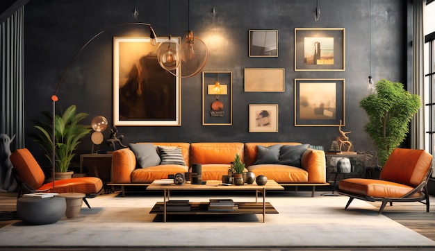 Salon moderne avec des meubles en cuir et des photos encadrées