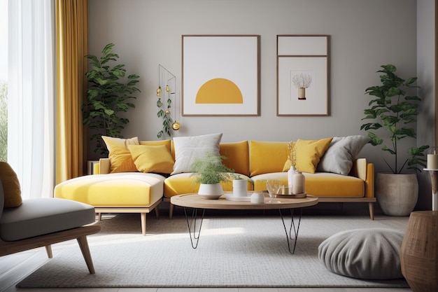 Salon moderne avec des meubles jaunes et gris Generative AI