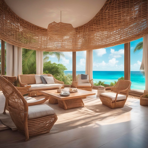 un salon moderne avec des meubles en rattan dans une villa au bord de la mer