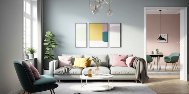 Salon moderne et minimaliste aux couleurs pastel