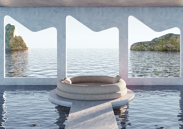 Salon moderne minimaliste avec canapé vue sur l'océan. Piscine du complexe avec vue sur la mer. rendu 3D