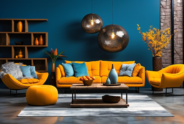 salon moderne avec mur bleu dans le salon