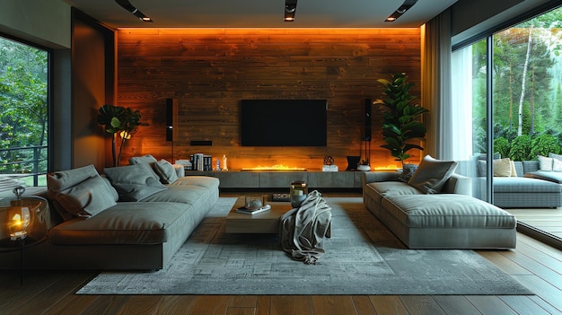 Un salon moderne avec un mur en bois élégant derrière la télévision avec un décor élégant et minimaliste