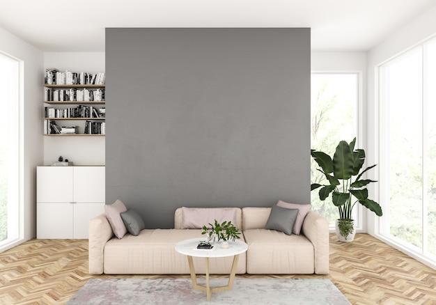 Salon moderne avec mur gris blanc