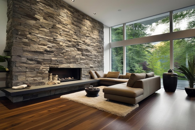 Salon moderne et mur de roche avec styles intérieurs et décoration de la maison maquette AI générative
