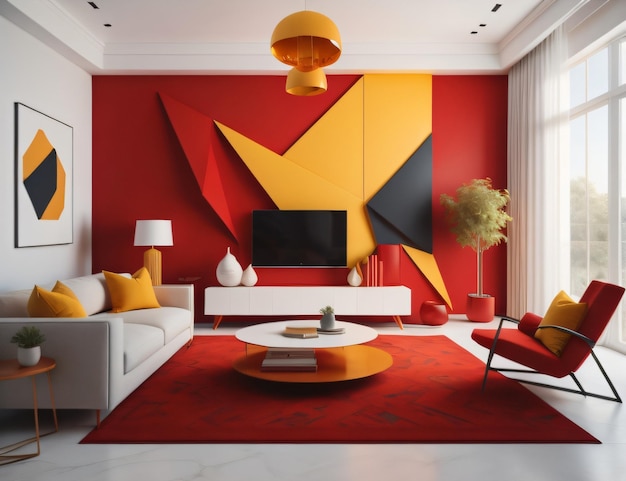 Salon moderne avec des murs rouges jaunes et en verre photo générative ai