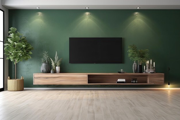 Salon moderne avec des murs verts et une grande télévision à écran plat comme point central Generative AI