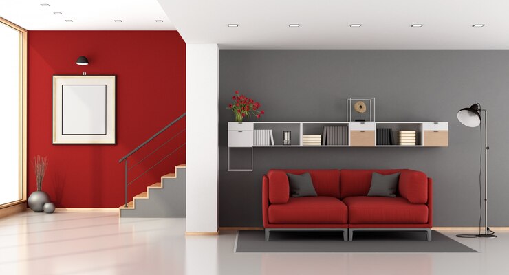 Photo salon moderne rouge et gris