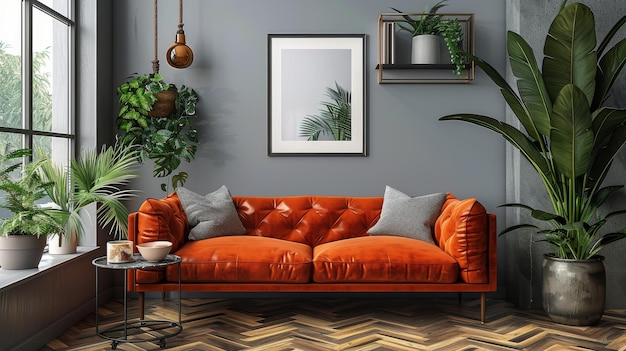Un salon moderne avec des tapis de canapé et des miroirs