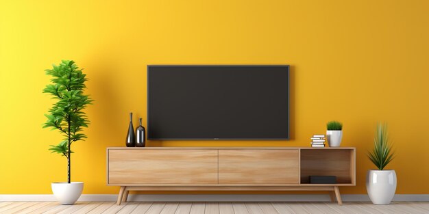 Salon moderne avec télévision sur le mur jaune et plaque en bois sur l'armoire