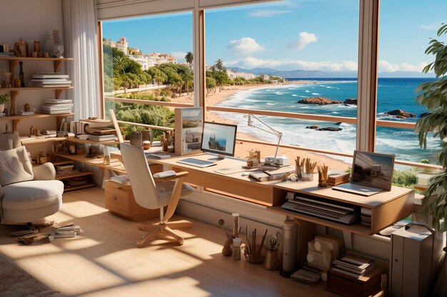 Salon moderne avec vue sur la mer depuis la fenêtregénérative ai