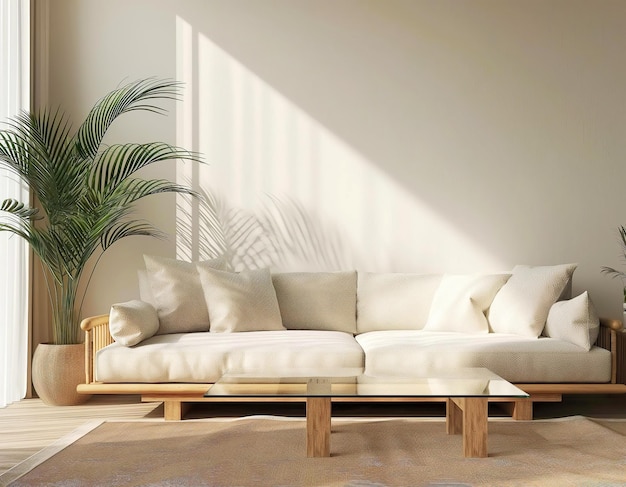 Salon moderniste avec canapé en bois en couleur beige modèle de maquette d'intérieur pour l'art mural