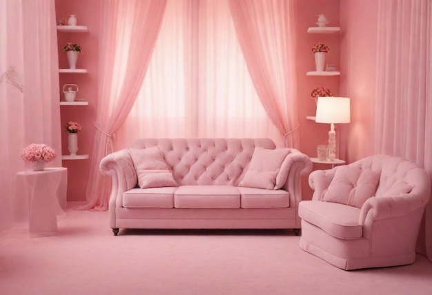 Salon monochromatique rose avec canapé orné