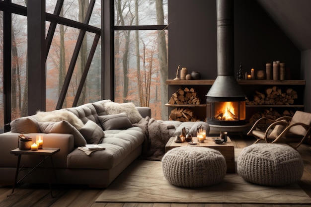 Salon monochrome intérieur moderne et confortable d'automne dans une maison contemporaine à l'intérieur de l'IA générative