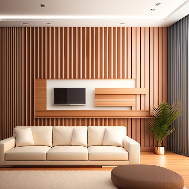 Salon de mur beige de luxe télévision plate moderne sur panneau de bois brun mur canapé en cuir gris m