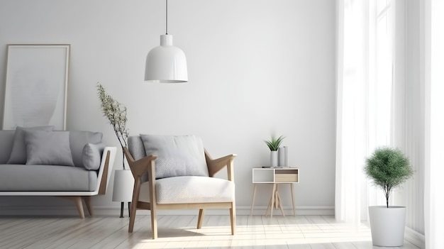 Un salon avec un mur blanc et une chaise blanche.