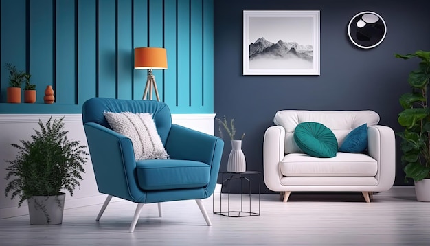 Un salon avec un mur bleu et un canapé blanc et une lampe.