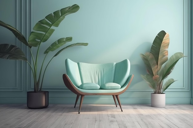 Un salon avec un mur bleu et une chaise verte.