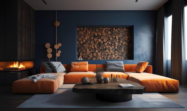 Un salon avec un mur bleu et des rondins de bois au mur.