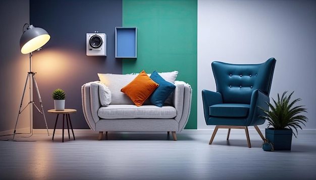 Un salon avec un mur bleu et vert et un canapé bleu avec un oreiller bleu.