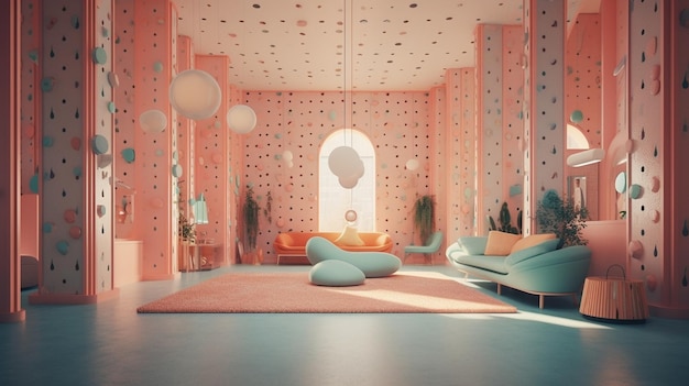 Un salon avec un mur rose et un canapé avec un oreiller bleu dessus.
