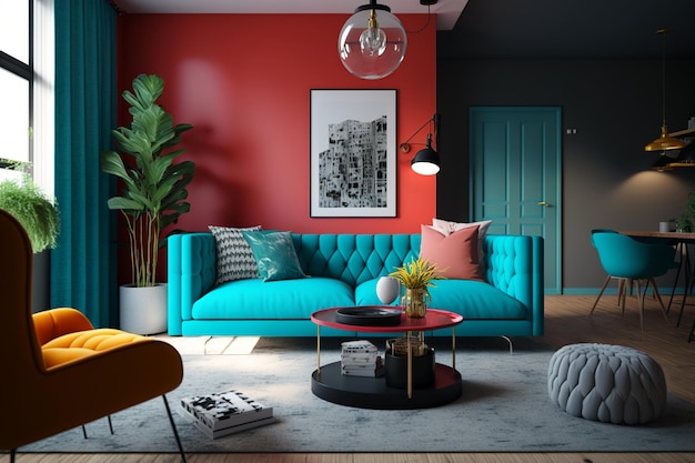 Un salon avec un mur rouge et un canapé bleu avec un mur rouge derrière.