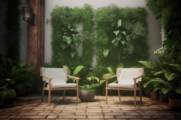 Un salon avec un mur végétalisé et deux chaises.