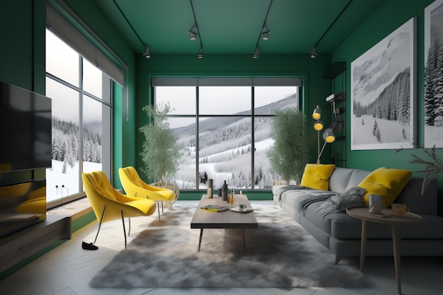 Un salon avec un mur végétalisé et une fenêtre avec de la neige au sol.