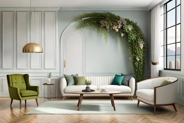 Un salon avec un mur végétalisé surmonté d'une plante.