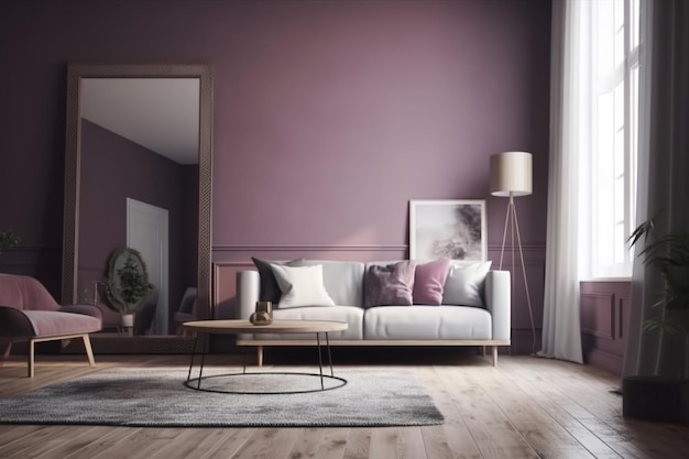 Un salon avec un mur violet et un canapé avec une table basse.