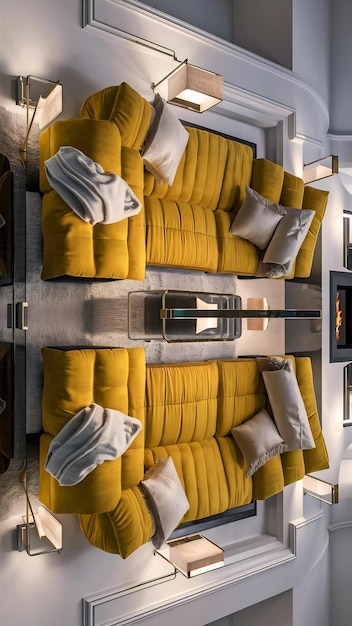 Salon à murs blancs avec un canapé jaune de luxe confortable3d rendu