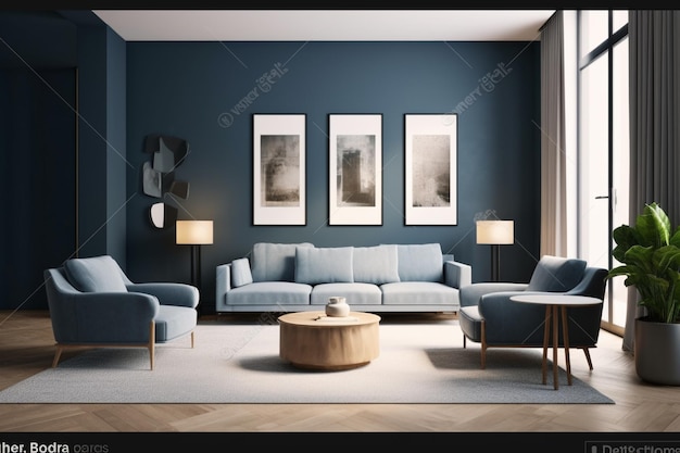 Un salon avec des murs bleus et un mur bleu.