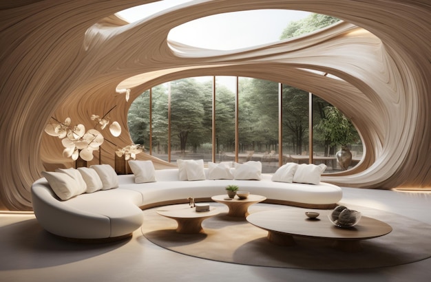 le salon a des murs en bois et des tables circulaires dans un espace ouvert en bois