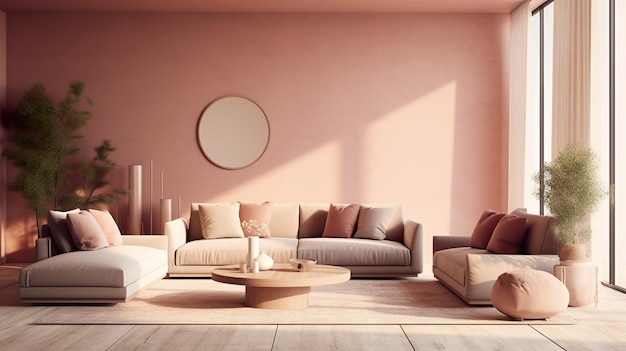 Un salon avec des murs et des meubles roses Image IA générative
