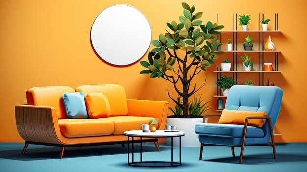 Photo un salon avec des murs orange et un canapé jaune avec des oreillers orange.