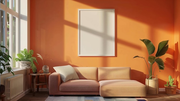 Salon avec des murs orange, canapé et meubles en bois.