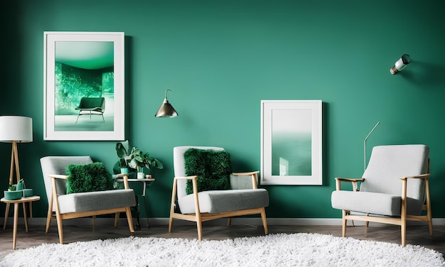 Un salon avec des murs verts et un tapis blanc avec un mur d'accent vert.