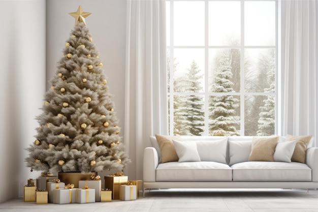 Un salon de Noël blanc et doré avec une fenêtre floue