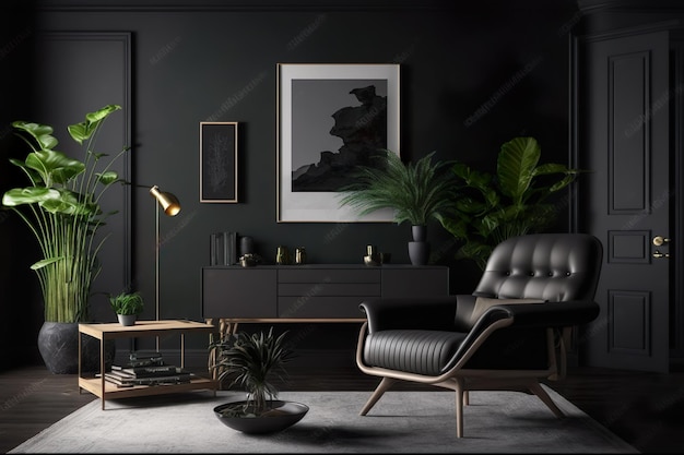 Un salon noir avec un canapé noir et une plante sur le mur.