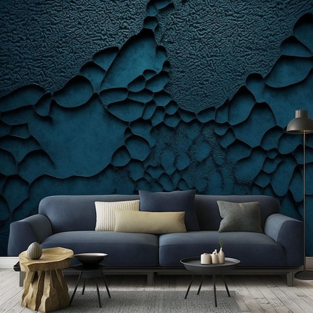 Un salon avec un papier peint bleu qui dit 'mur bleu'