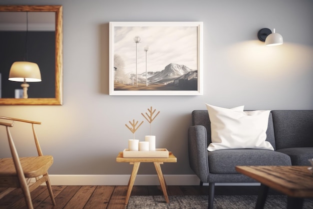 Un salon avec une photo de montagnes au mur