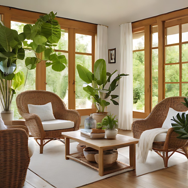 un salon avec une plante et une plante en pot sur la table