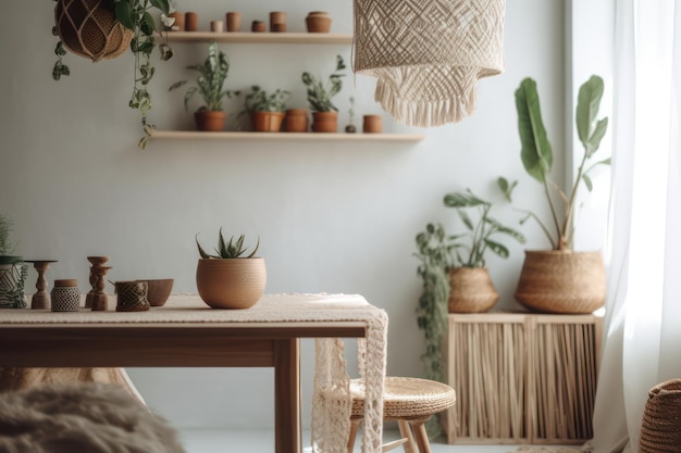 Photo un salon avec des plantes au mur et une table avec un tapis dessus.