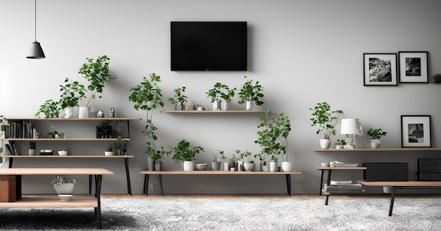 Un salon avec des plantes au mur et une télé au-dessus.