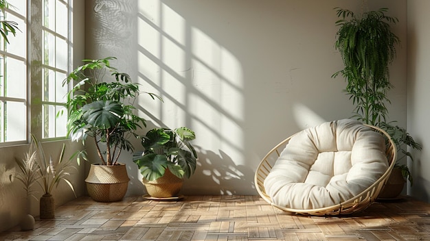 un salon avec des plantes et une chaise avec un oreiller blanc