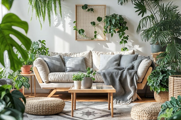 Salon avec plantes de serreMaison de séjour intérieur de la pièce modèle de mur dans des tons chauds