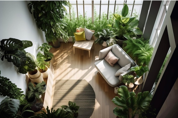 Salon avec plantes vertes sur la terrasse vue d'en haut